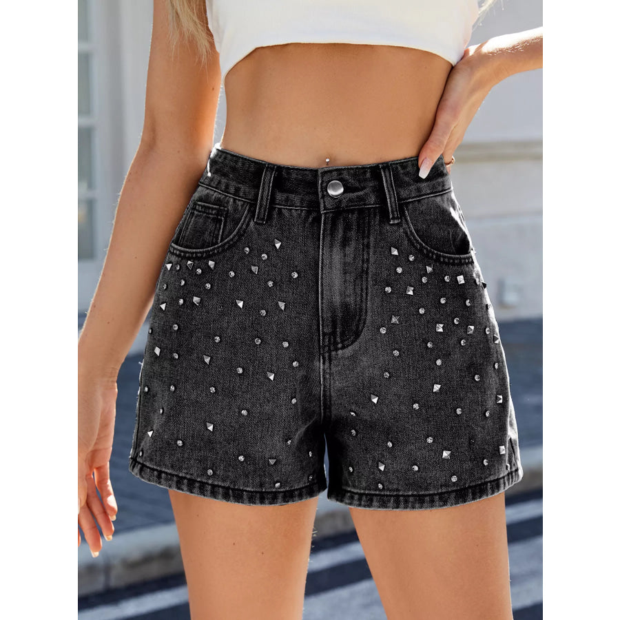 Studded High Waist Denim Shorts Apparel and Accessories