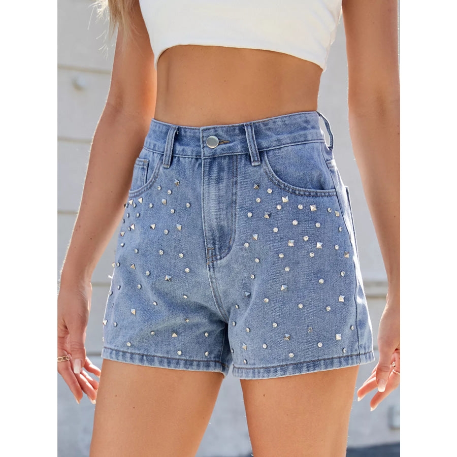 Studded High Waist Denim Shorts Apparel and Accessories