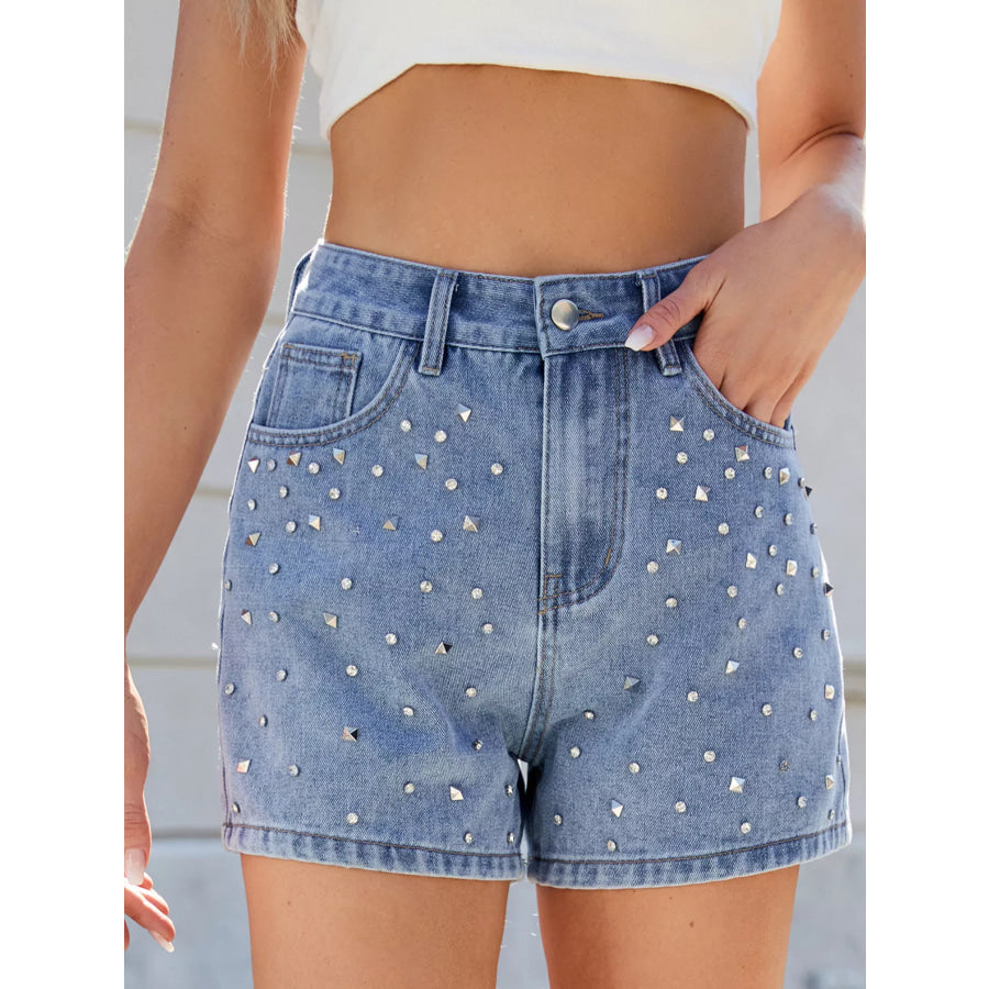 Studded High Waist Denim Shorts Apparel and Accessories