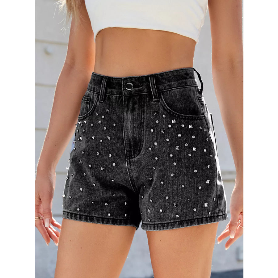 Studded High Waist Denim Shorts Dark Gray / S Apparel and Accessories