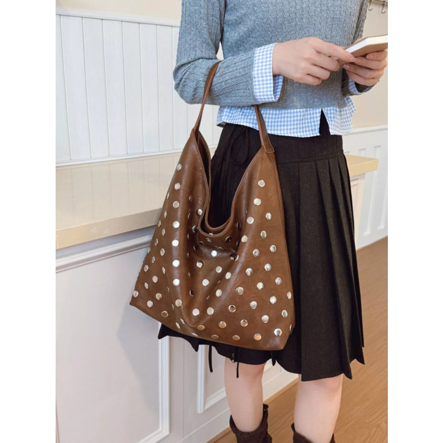 Studded Hobo Shoulder Bag Brown / One Size Apparel and Accessories