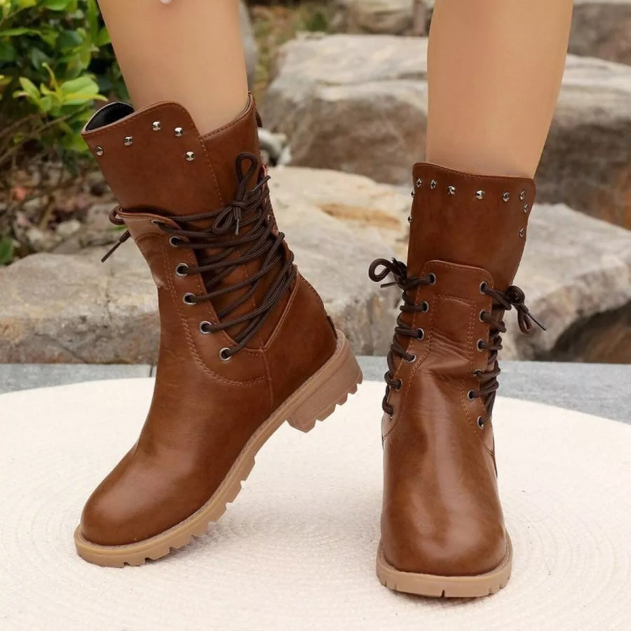 Studded Lace-Up Boots Caramel / 36 Apparel and Accessories