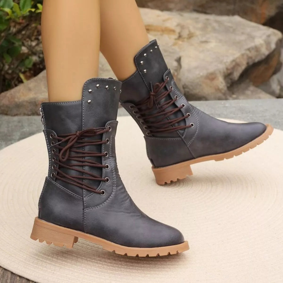 Studded Lace-Up Boots Dark Gray / 36 Apparel and Accessories