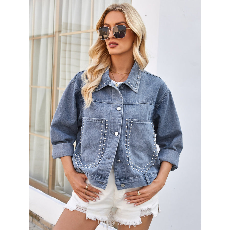 Studded Long Sleeve Denim Jacket Apparel and Accessories