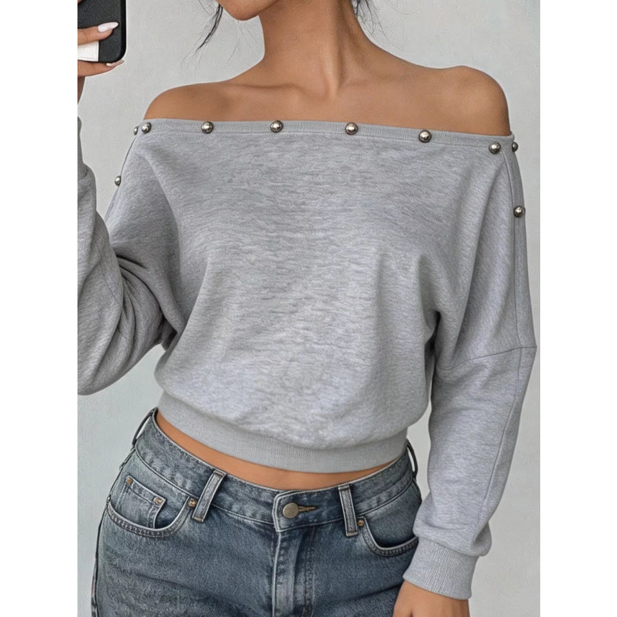 Studded Off Shoulder Long Sleeve T-Shirt Apparel and Accessories