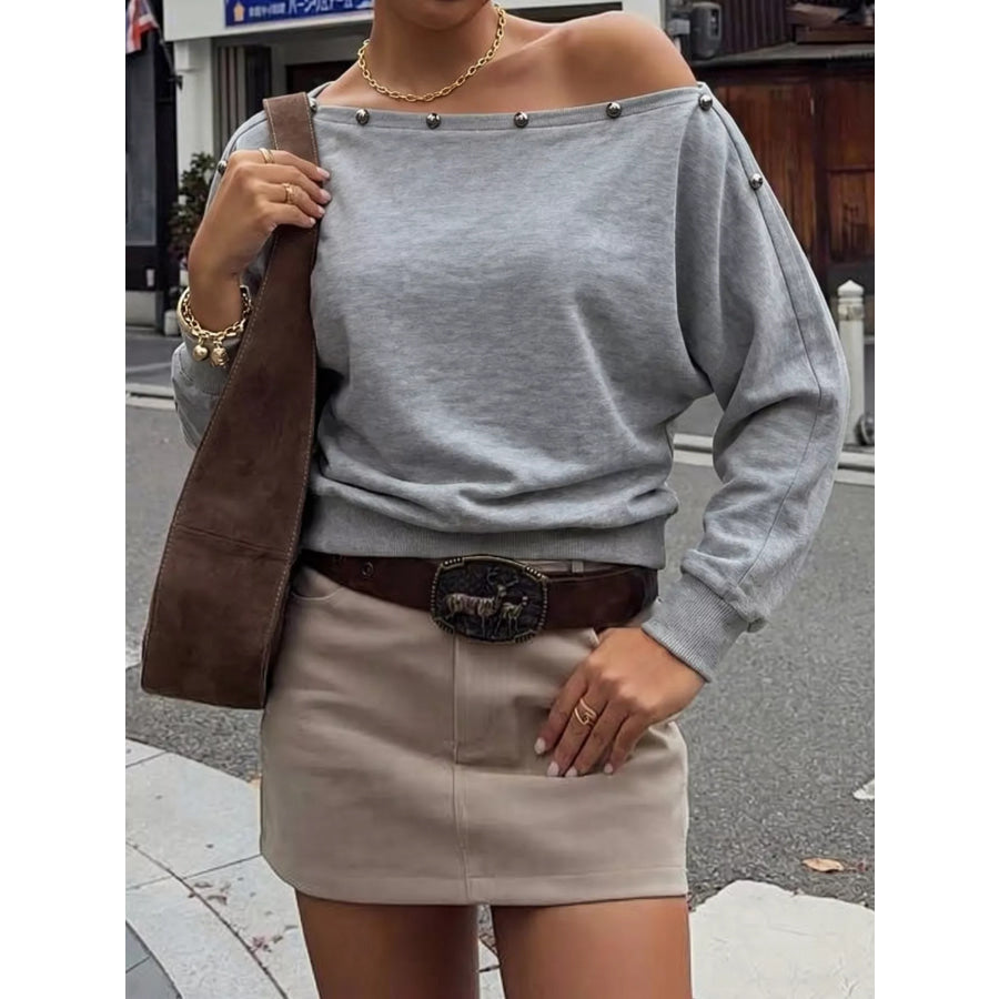 Studded Off Shoulder Long Sleeve T-Shirt Apparel and Accessories