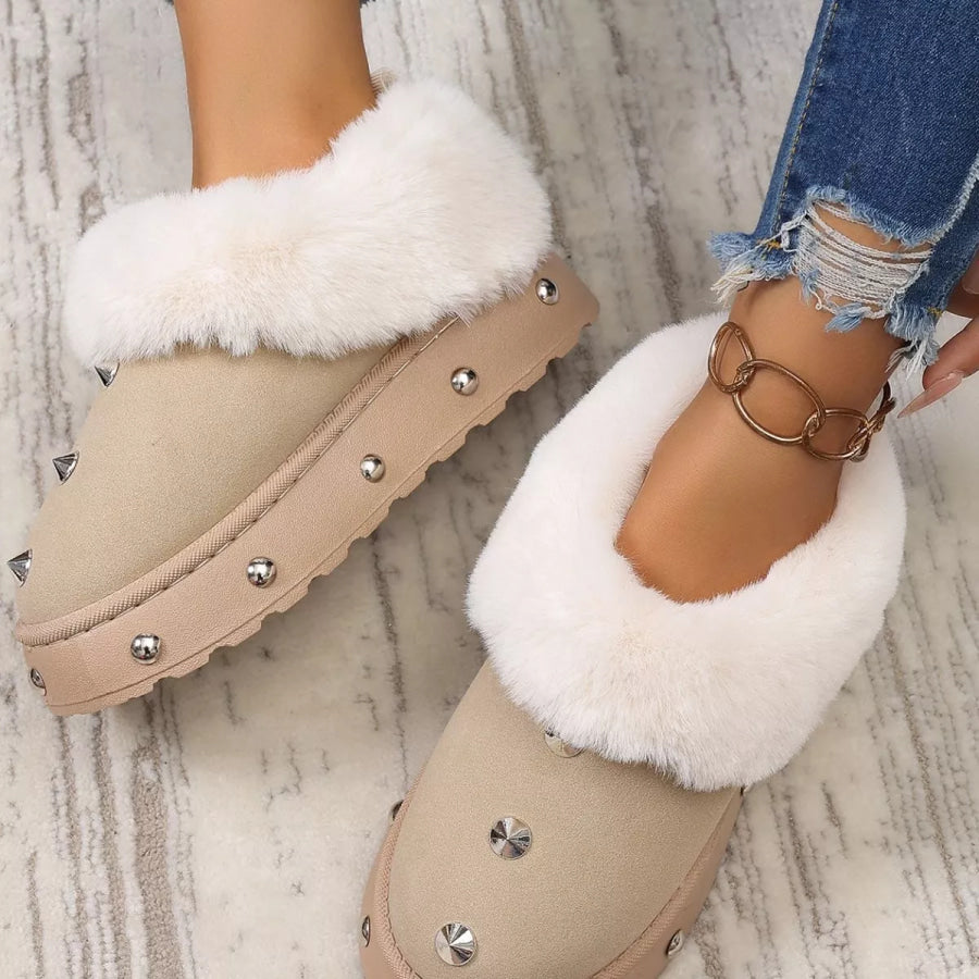 Studded Platform Faux Fur Lined Winter Boots Beige / 36 Apparel and Accessories