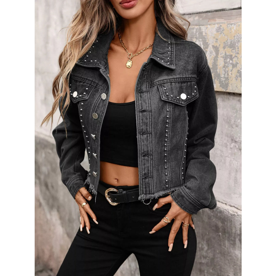 Studded Raw Hem Denim Jacket Apparel and Accessories