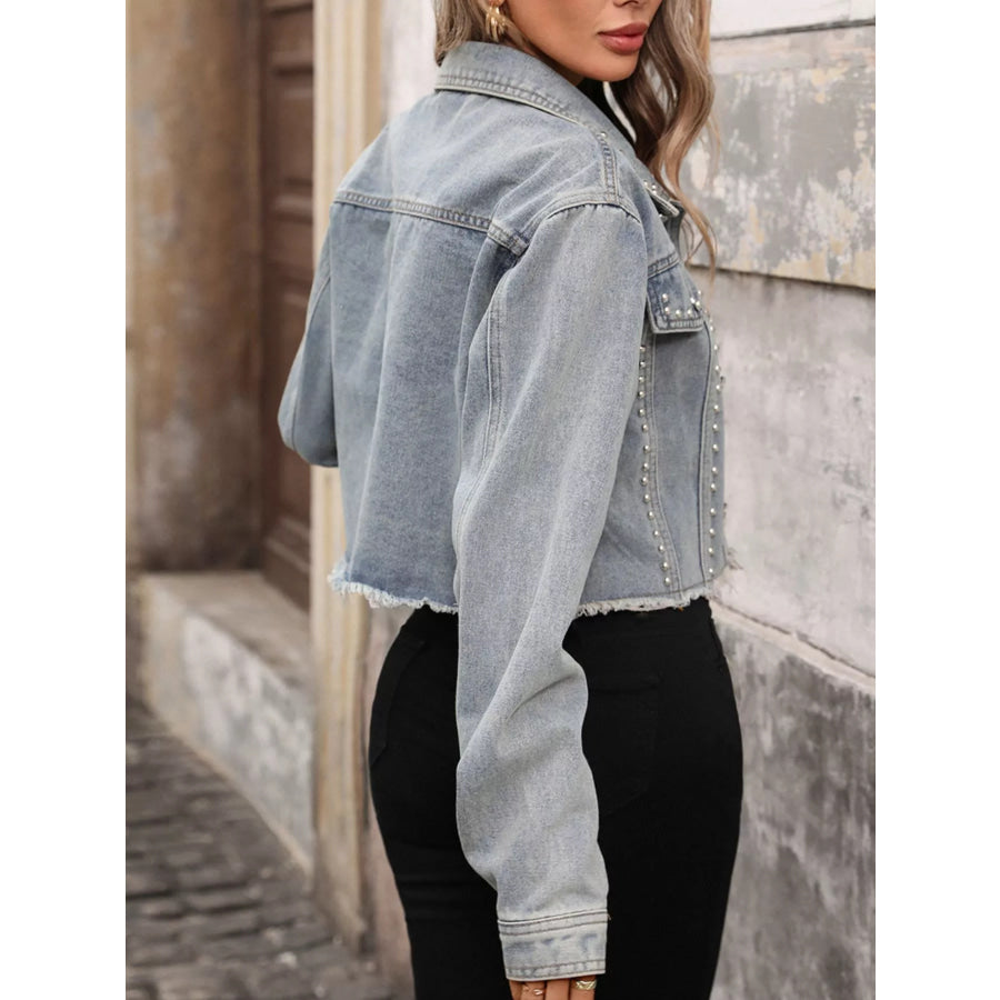 Studded Raw Hem Denim Jacket Apparel and Accessories