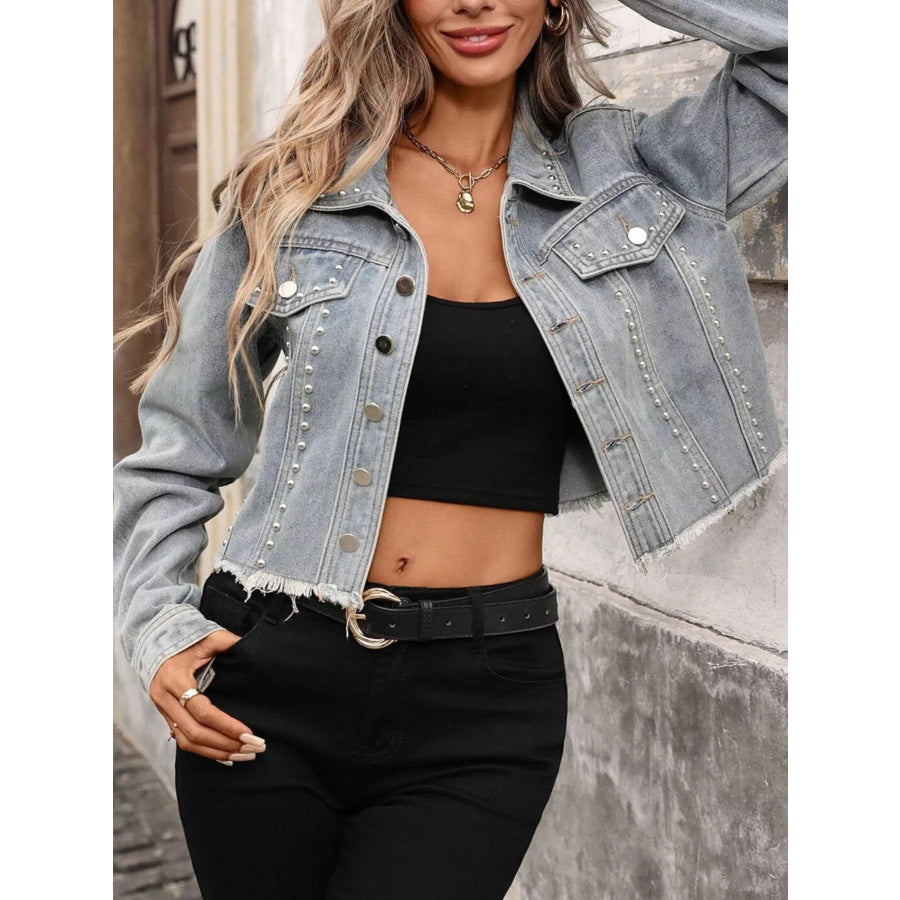 Studded Raw Hem Denim Jacket Apparel and Accessories