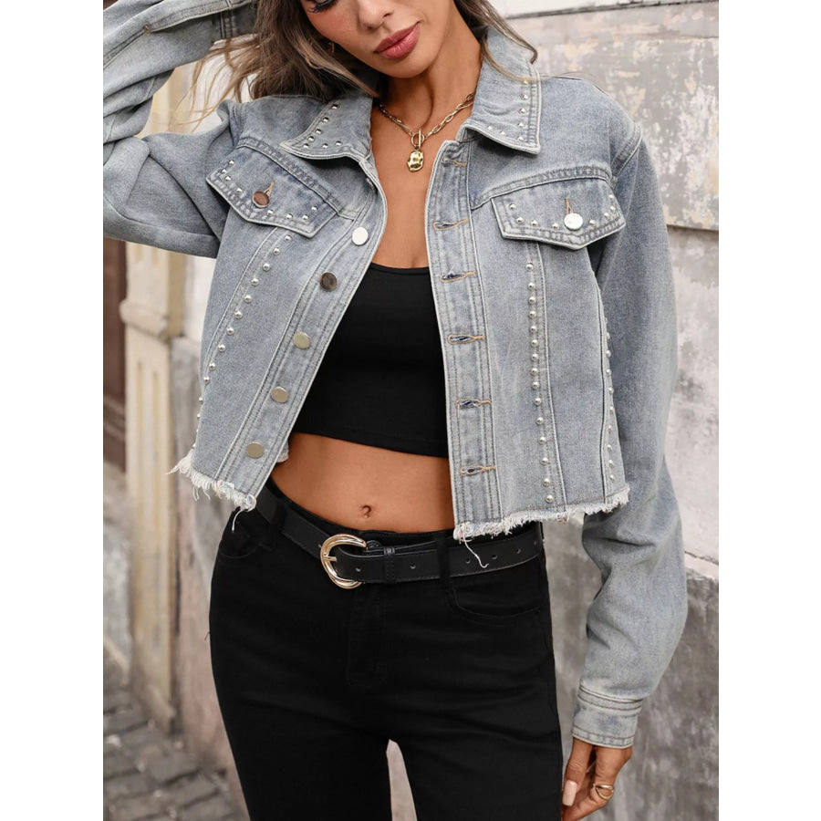 Studded Raw Hem Denim Jacket Apparel and Accessories