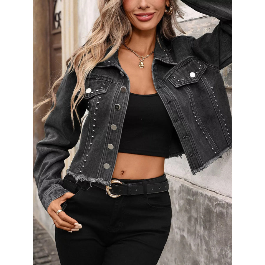 Studded Raw Hem Denim Jacket Apparel and Accessories