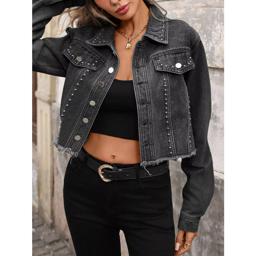 Studded Raw Hem Denim Jacket Apparel and Accessories