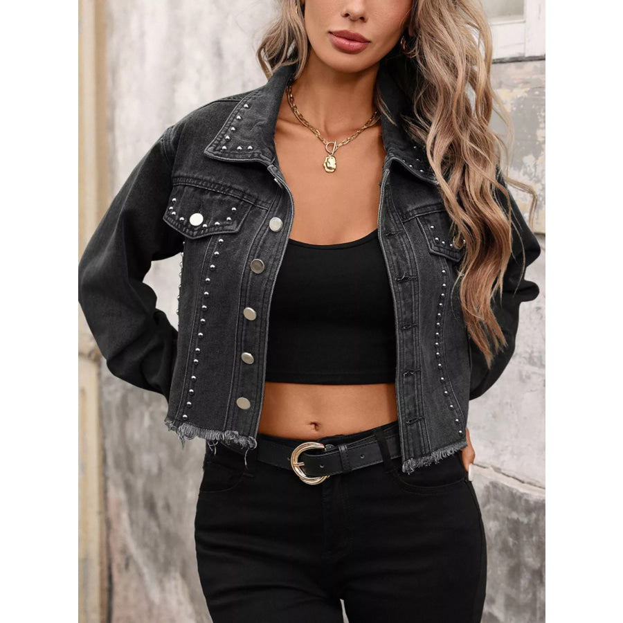 Studded Raw Hem Denim Jacket Black / S Apparel and Accessories