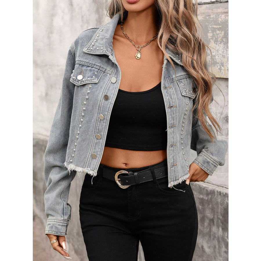Studded Raw Hem Denim Jacket Light Blue / S Apparel and Accessories