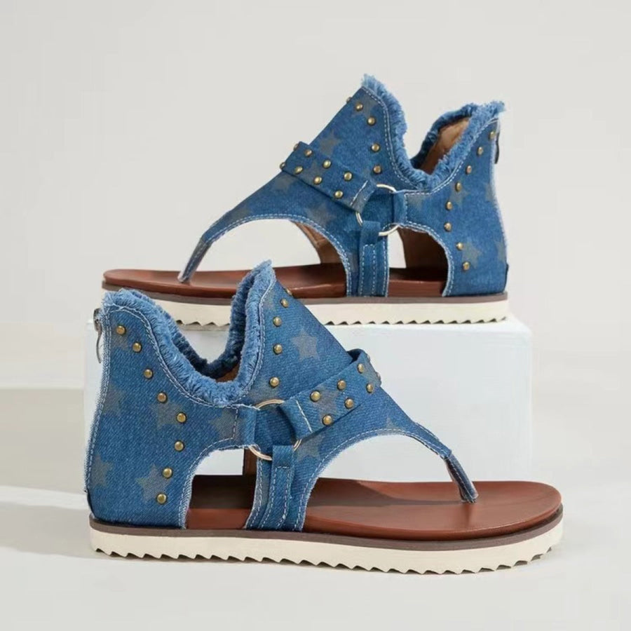 Studded Raw Hem Flat Sandals Apparel and Accessories