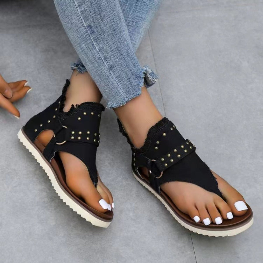 Studded Raw Hem Flat Sandals Apparel and Accessories