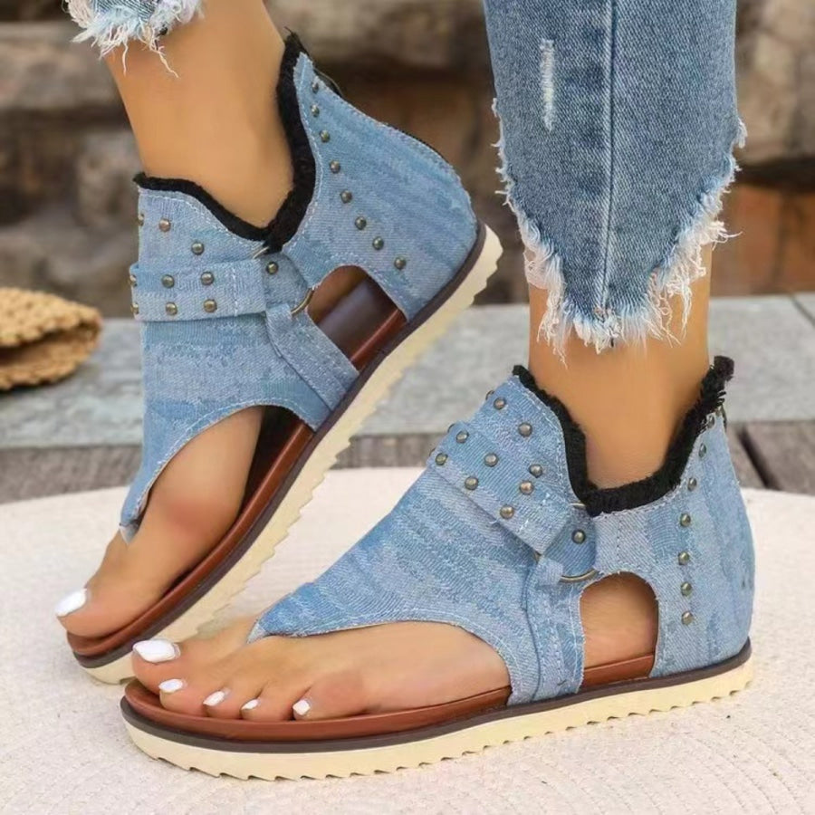 Studded Raw Hem Flat Sandals Apparel and Accessories