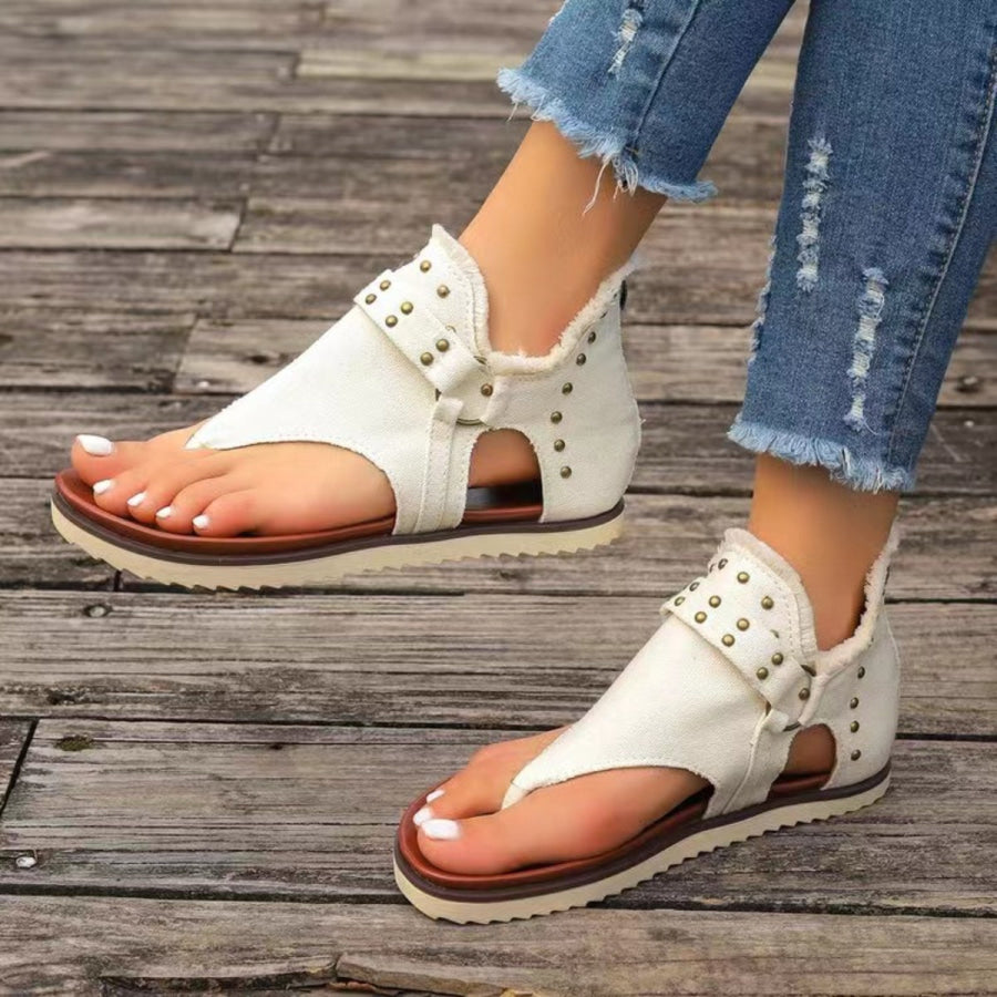 Studded Raw Hem Flat Sandals Apparel and Accessories