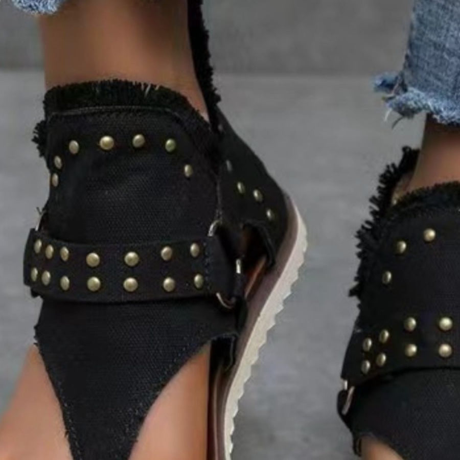 Studded Raw Hem Flat Sandals Apparel and Accessories