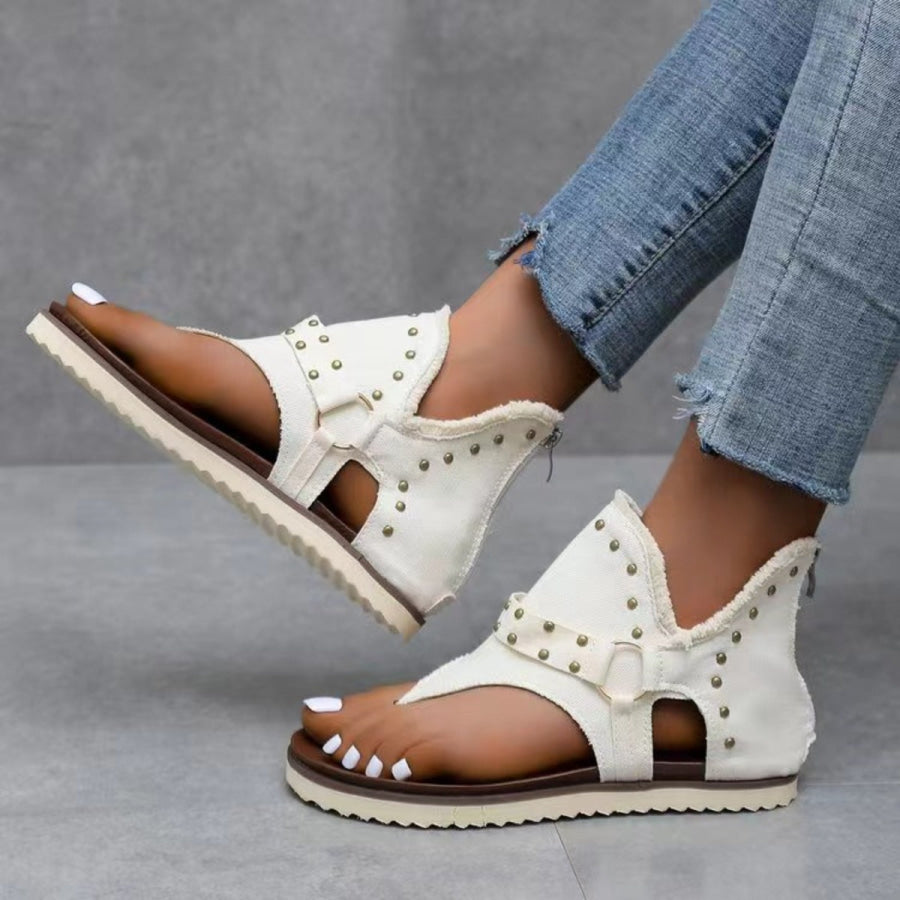 Studded Raw Hem Flat Sandals Apparel and Accessories