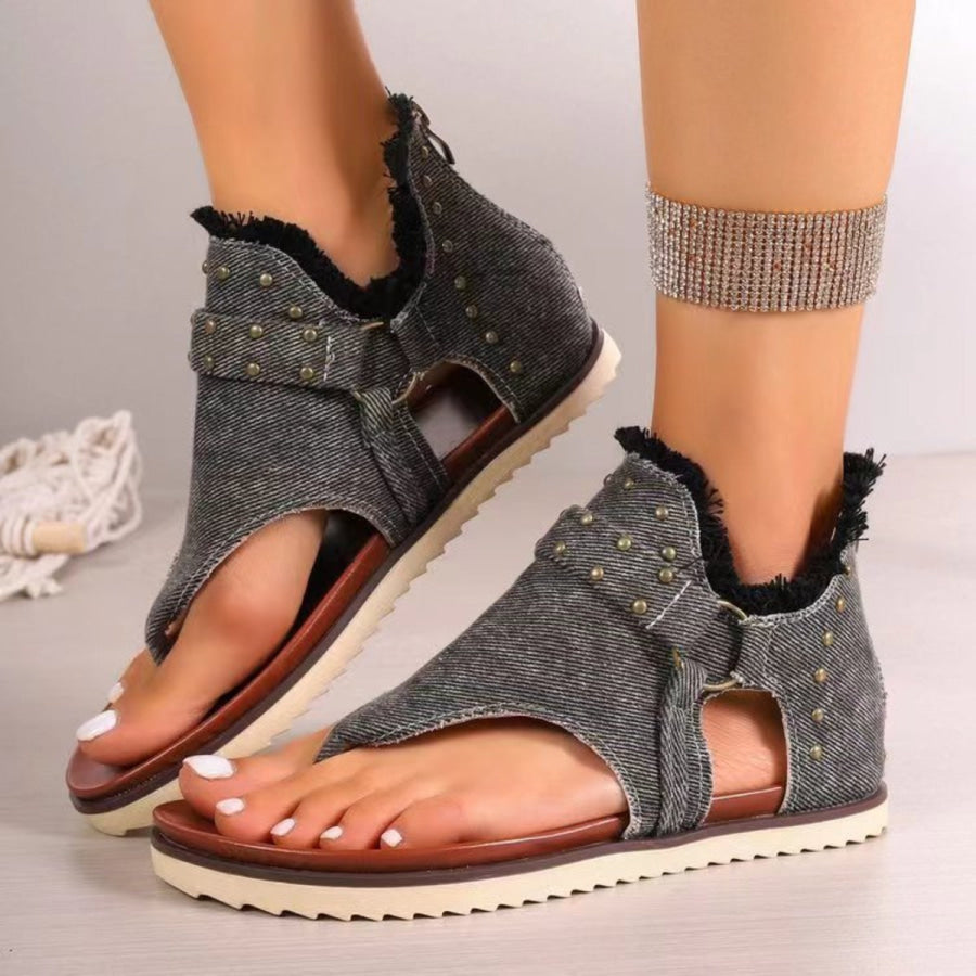 Studded Raw Hem Flat Sandals Charcoal / 36(US5) Apparel and Accessories