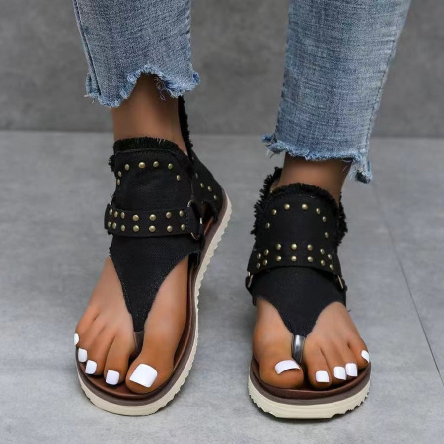 Studded Raw Hem Flat Sandals Dark / 36(US5) Apparel and Accessories