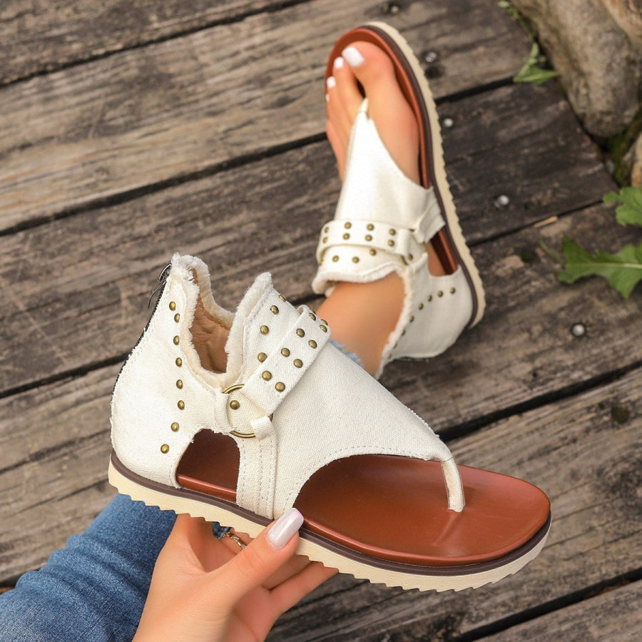 Studded Raw Hem Flat Sandals Ivory / 36(US5) Apparel and Accessories