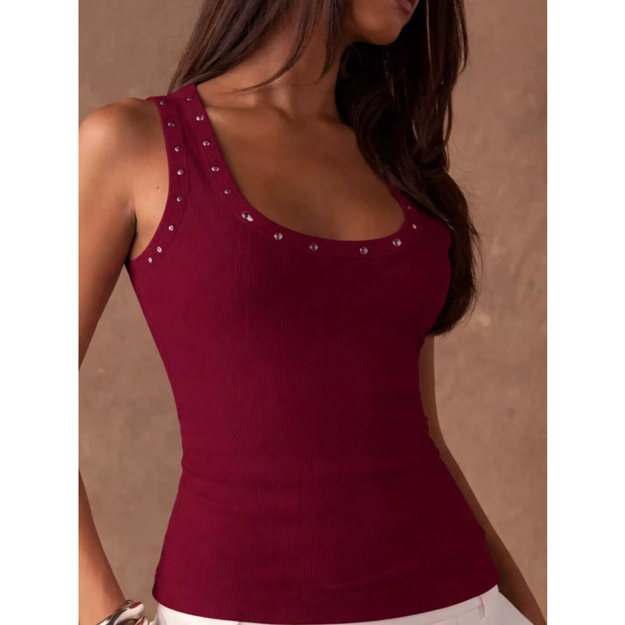 Studded Ribbed Knit Tank Top Burgundy / S Apparel and Accessories