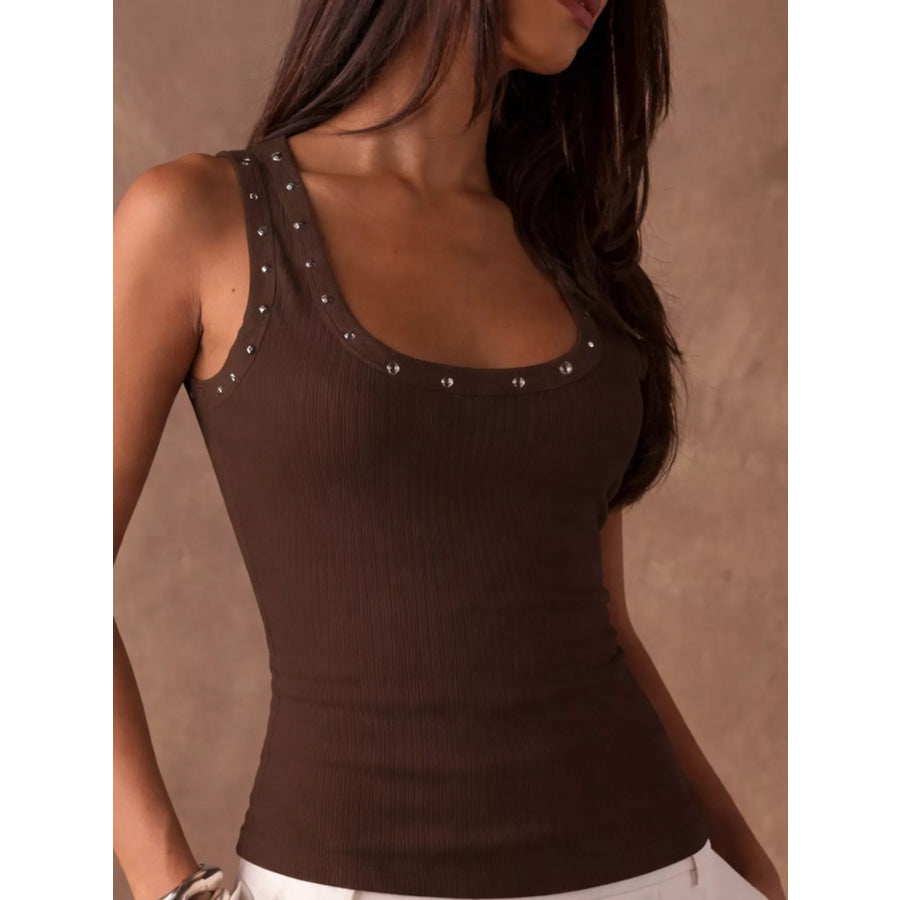Studded Ribbed Knit Tank Top Dark Brown / S Apparel and Accessories
