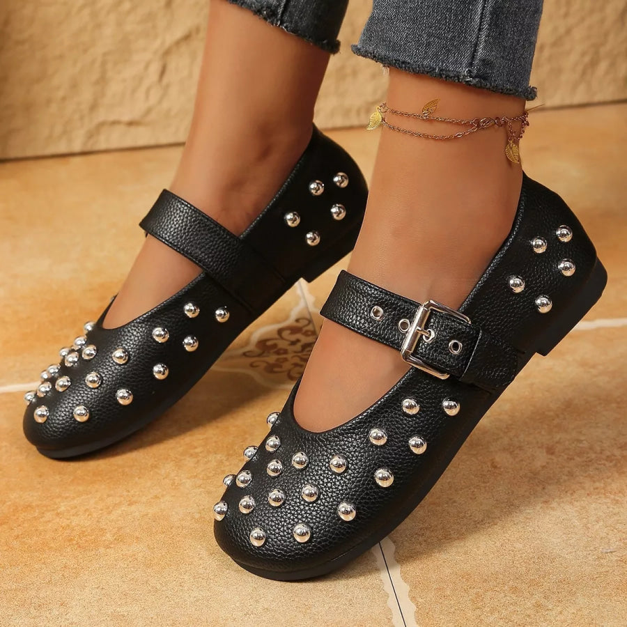 Studded Round Toe Slip-Ons Black / 35 Apparel and Accessories