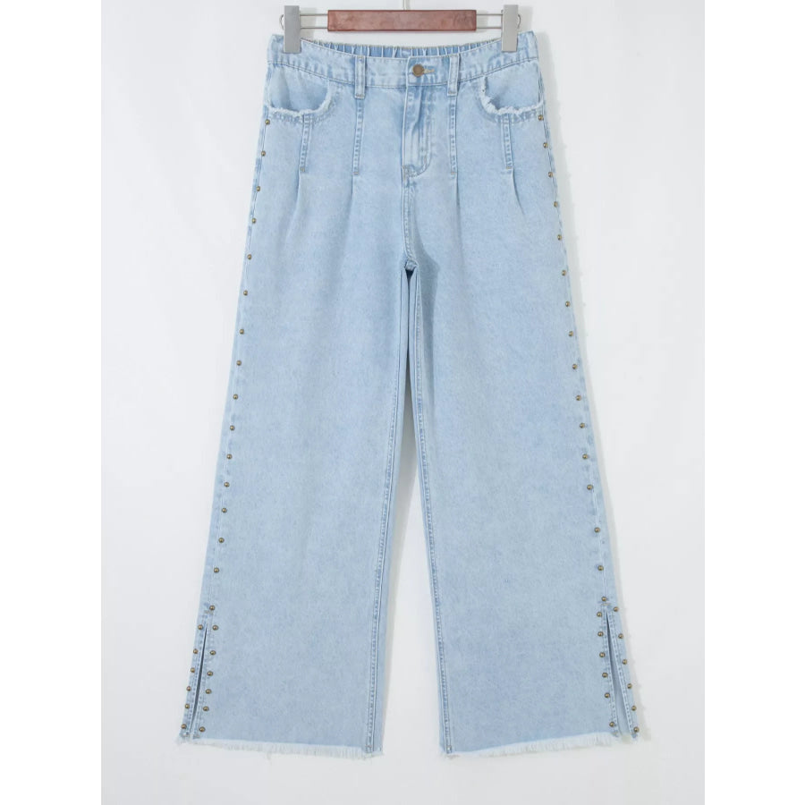 Studded Side Slit Leg Frayed Pocketed Wide Leg Jeans Apparel and Accessories