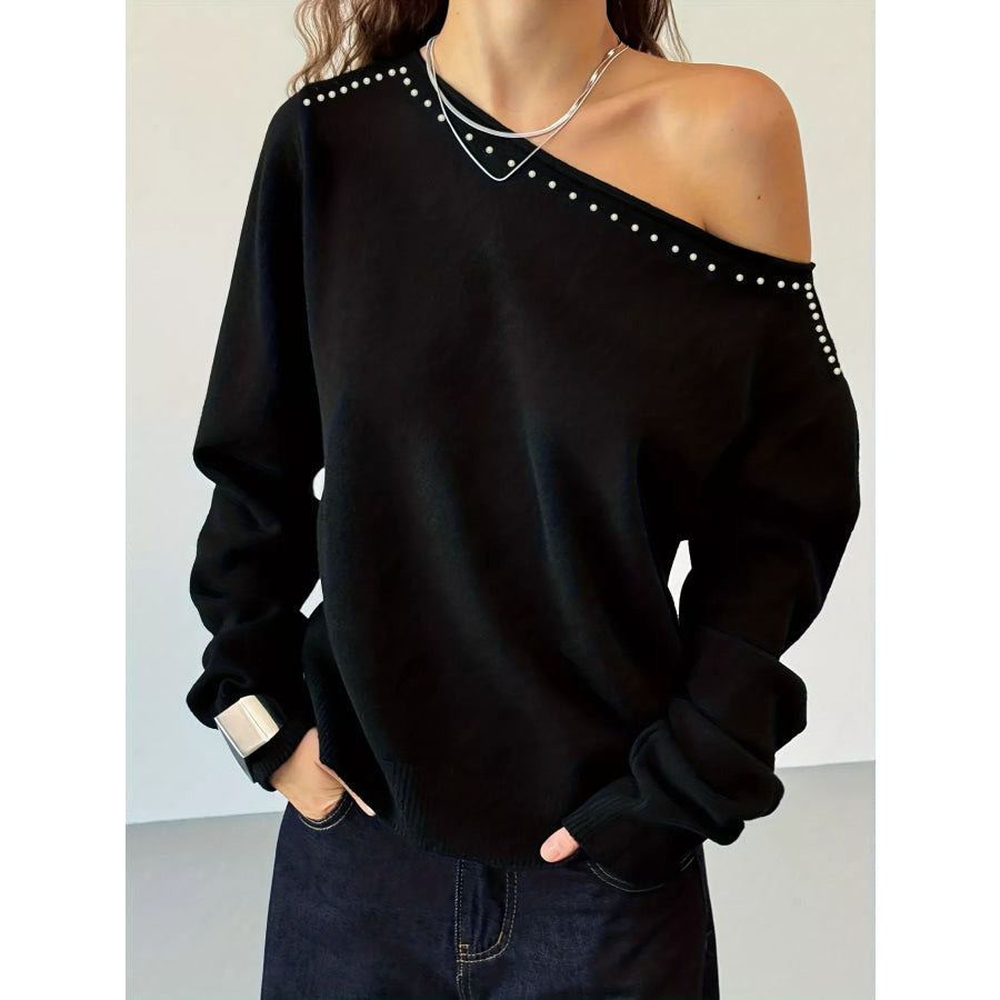 Studded Single Shoulder Knit Top Black / S Apparel and Accessories