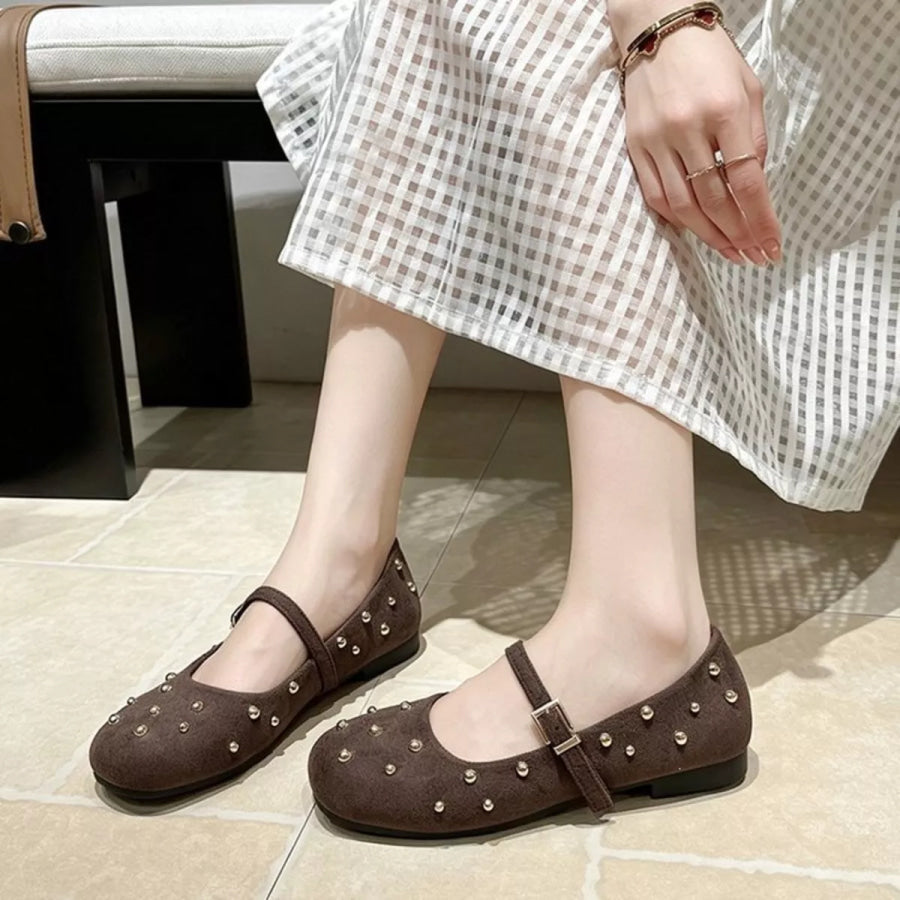 Studded Square Toe Slip-Ons Brown / 35 Apparel and Accessories