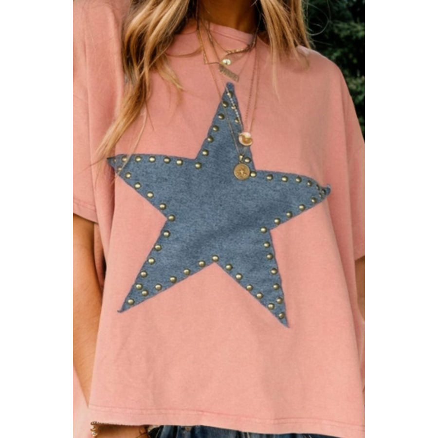 Studded Star Round Neck Short Sleeve T - Shirt Apparel and Accessories