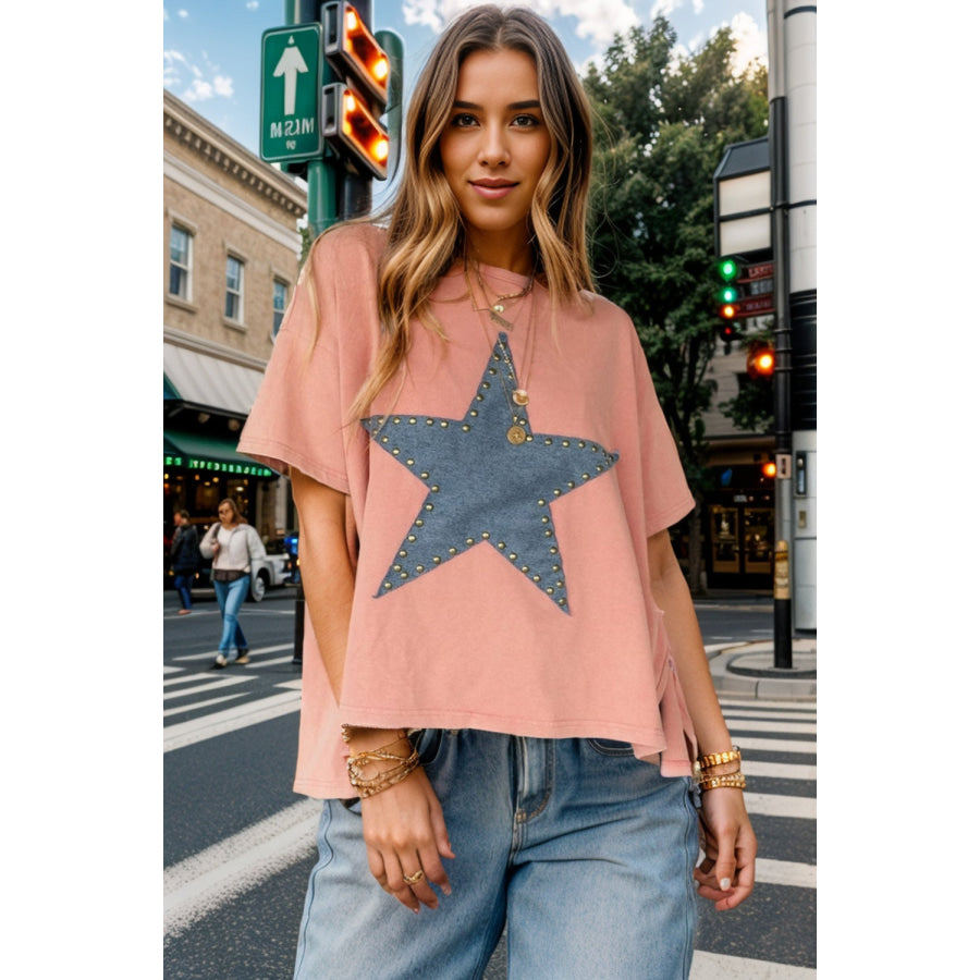 Studded Star Round Neck Short Sleeve T - Shirt Pale Blush / S Apparel and Accessories