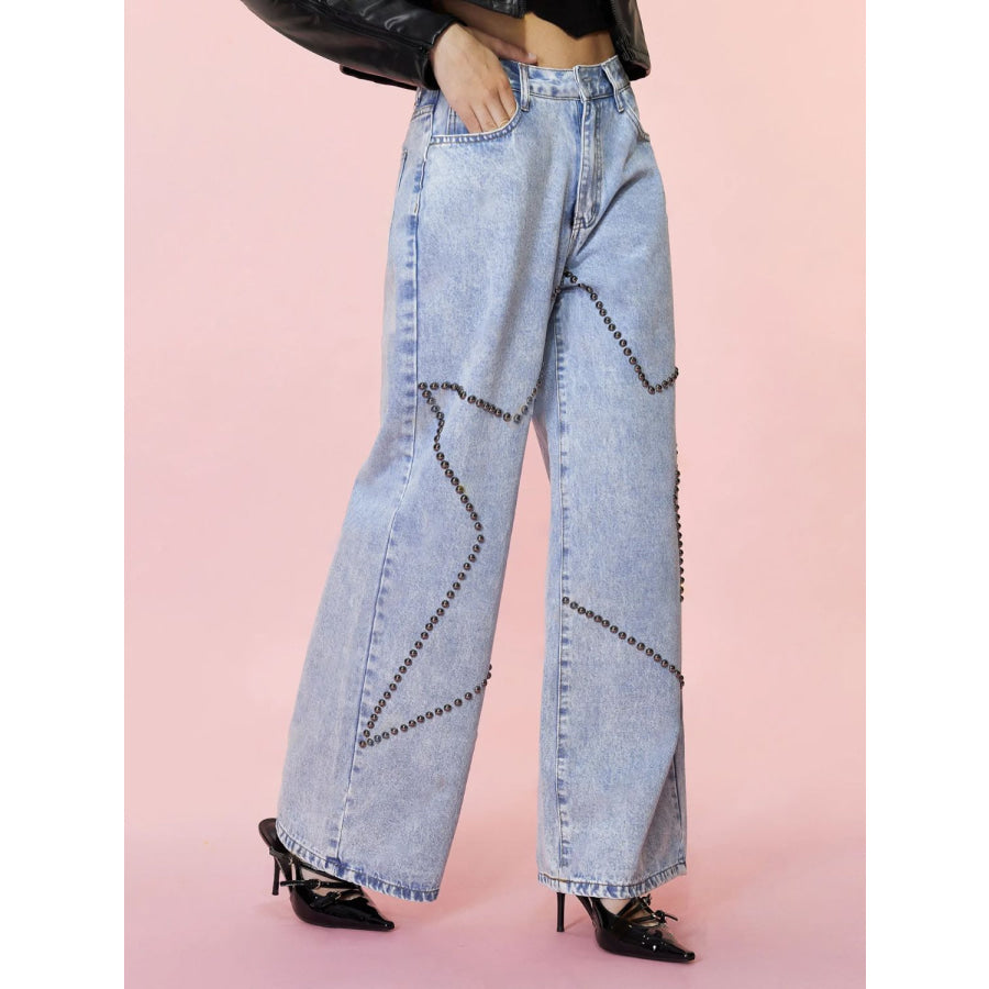 Studded Star Straight Jeans with Pockets Apparel and Accessories