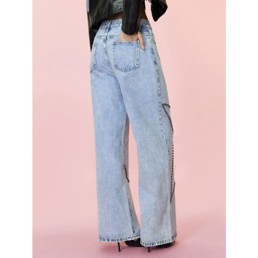 Studded Star Straight Jeans with Pockets Apparel and Accessories