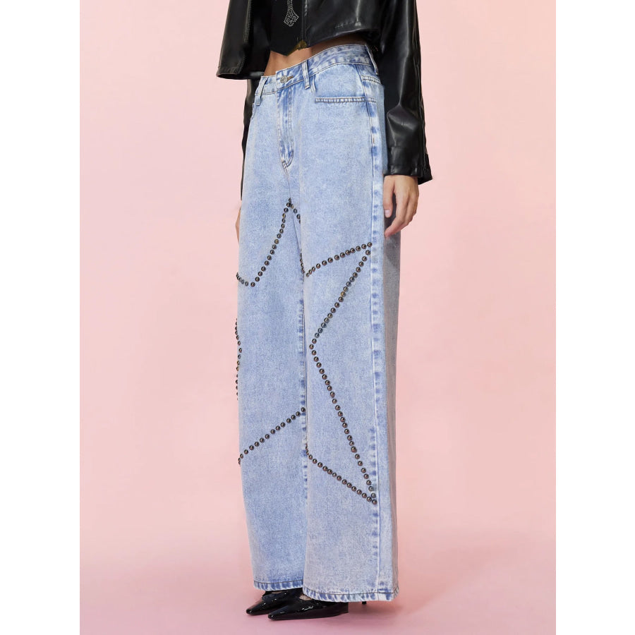 Studded Star Straight Jeans with Pockets Apparel and Accessories