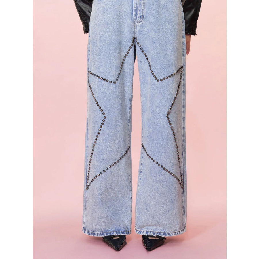 Studded Star Straight Jeans with Pockets Apparel and Accessories