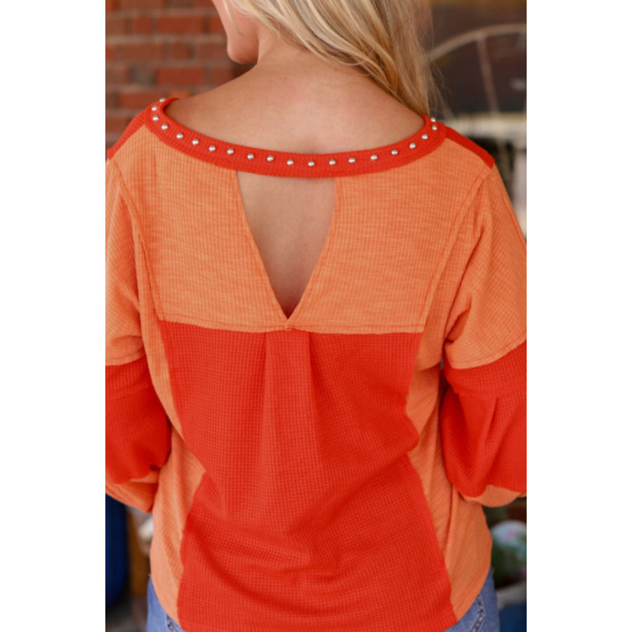 Studded Waffle-Knit V-Neck Long Sleeve Top Apparel and Accessories