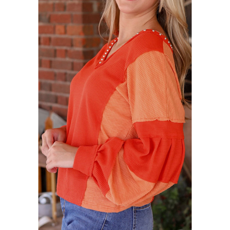 Studded Waffle-Knit V-Neck Long Sleeve Top Apparel and Accessories