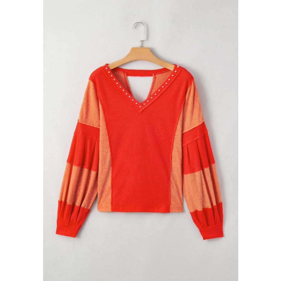 Studded Waffle-Knit V-Neck Long Sleeve Top Apparel and Accessories