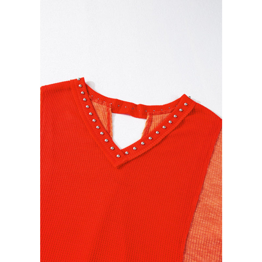 Studded Waffle-Knit V-Neck Long Sleeve Top Apparel and Accessories