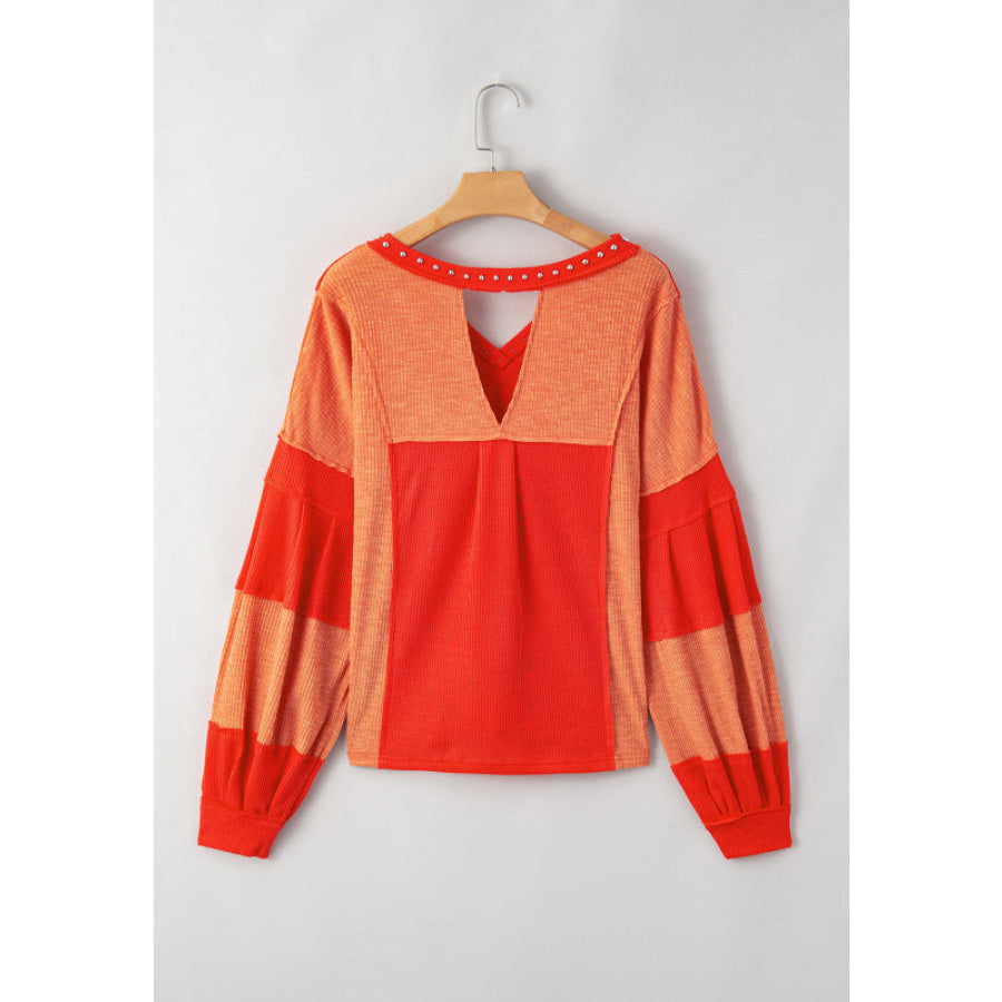 Studded Waffle-Knit V-Neck Long Sleeve Top Apparel and Accessories