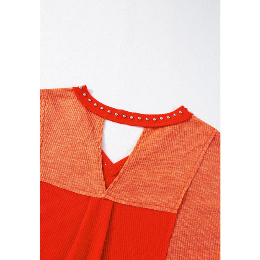 Studded Waffle-Knit V-Neck Long Sleeve Top Apparel and Accessories