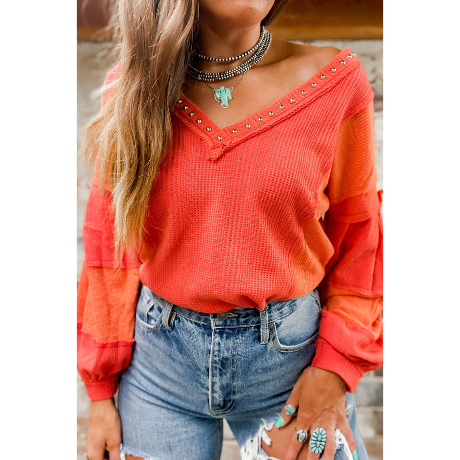 Studded Waffle-Knit V-Neck Long Sleeve Top Orange / S Apparel and Accessories