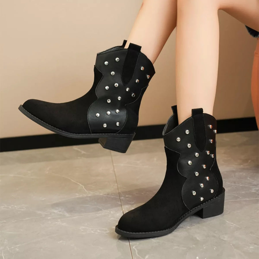 Studded Western Ankle Boots Black Cloth / 35 Apparel and Accessories