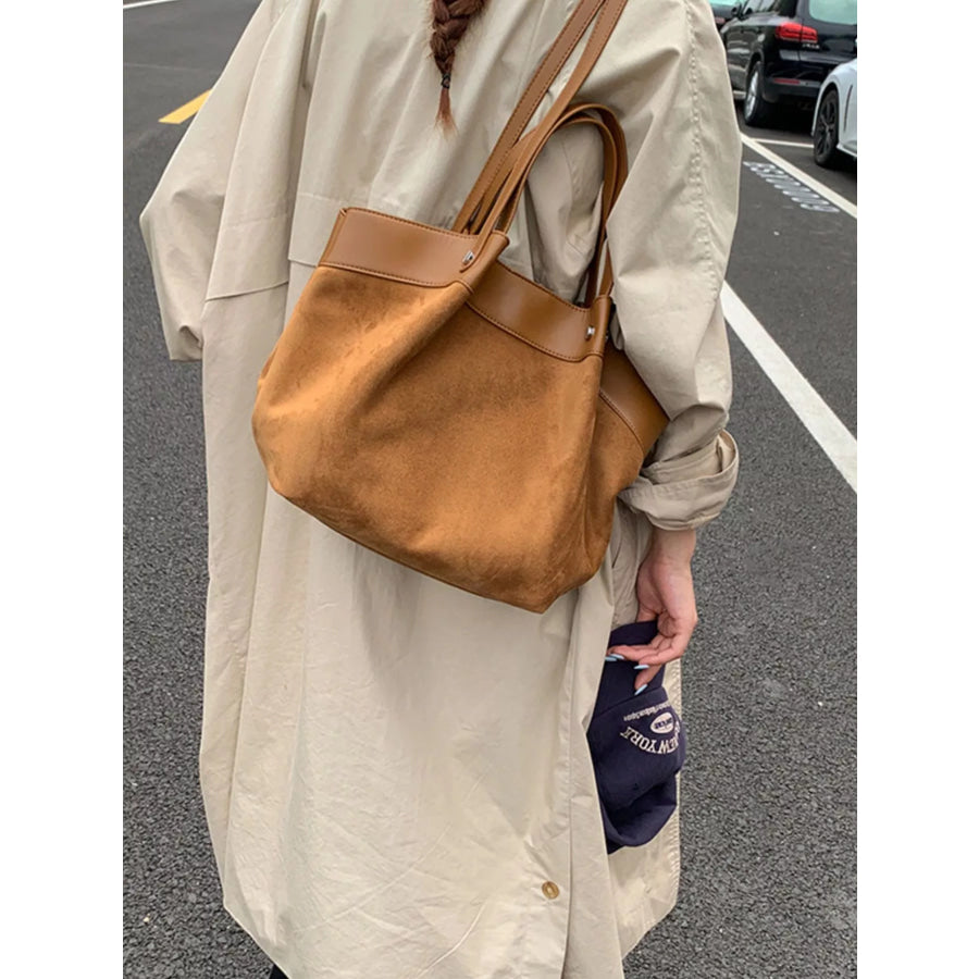Suede and Leather Trim Shoulder Bag Brown / onesize Apparel and Accessories