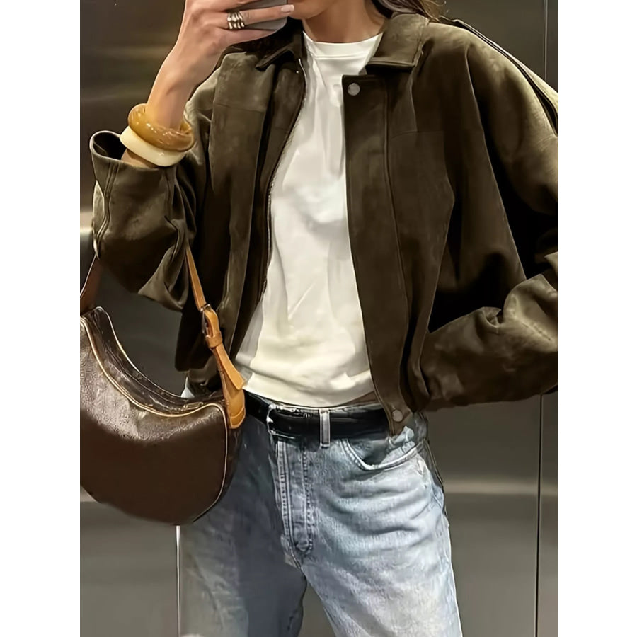 Suede Cropped Bomber Jacket Apparel and Accessories